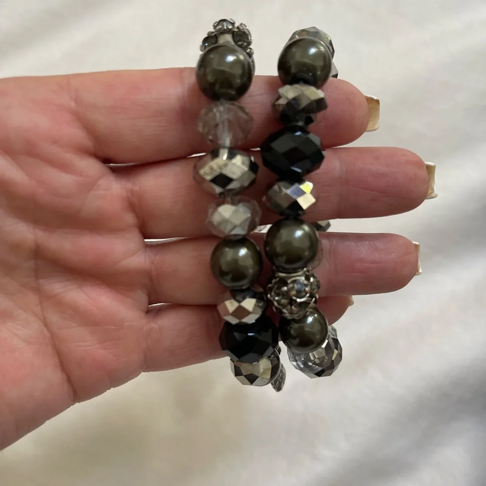2 Beaded Stacking Bracelets with Black, Silver, Hematite, Rhinestone